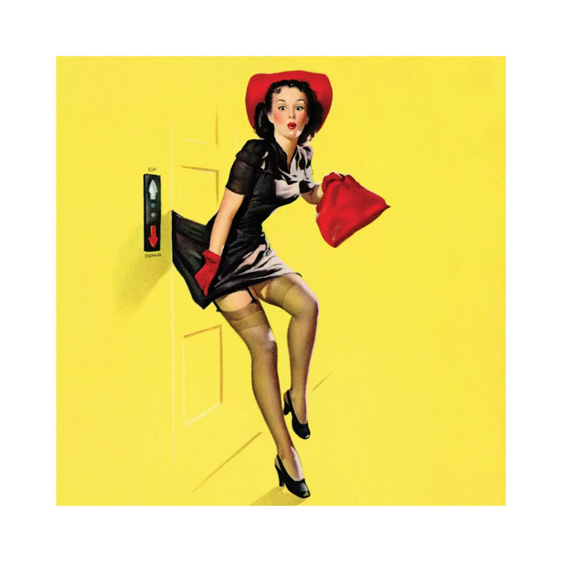 «Going up Retro Pin-up Girl with Dress Caught in Elevator» par Gil Elvgren Square par Piddix - impression sur toile tendue