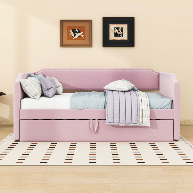 Twin Upholstered Daybed with Lift-Up Trundle Bed, Pink