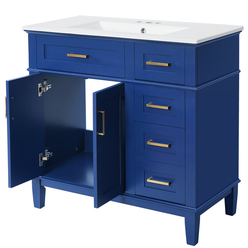 36 36 po Meuble-lavabo moderne bleu avec lavabo en céramique, porte à fermeture douce, quatre tiroirs de rangement et apparence élégante