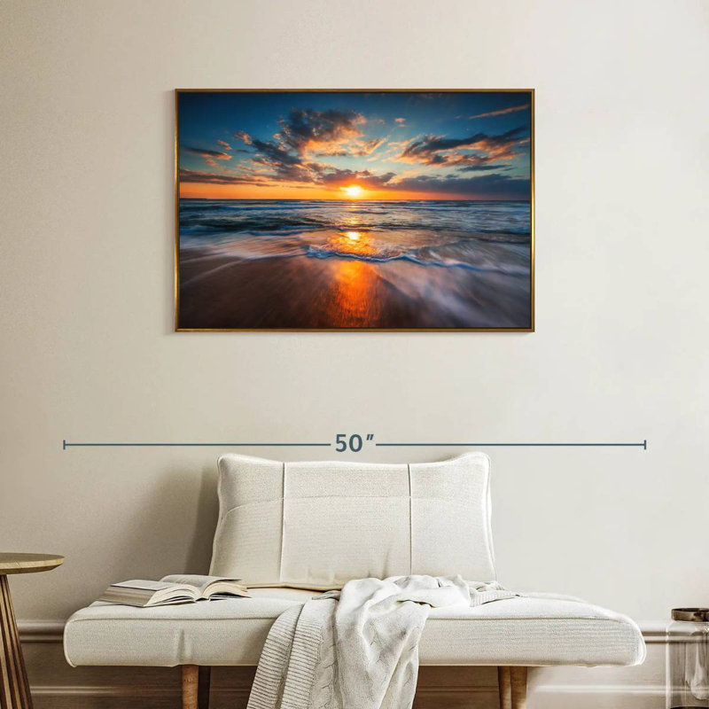 Été, océan, lever de soleil, Cadre flottant doré, 37 po x 25 po