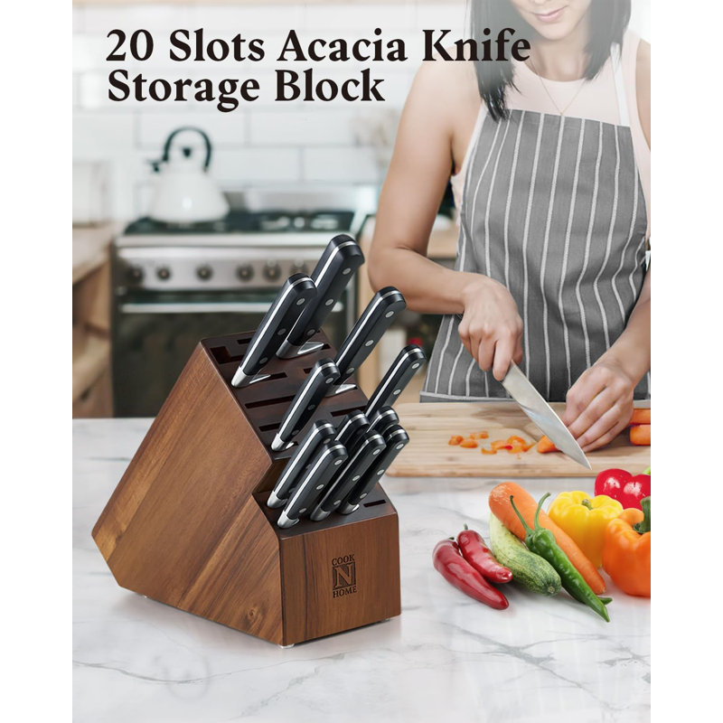 Cook N Home Basics, bloc de rangement pour couverts en bois d'acacia sans couteaux, support à couteaux universel pour porte-couteaux pour un rangement facile dans la cuisine, 20 fentes