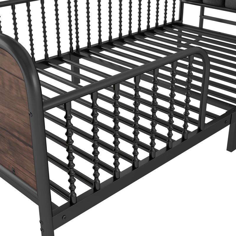 Metal Twin Bed Frame With Upholstered And Storage Headboard, Pull Out Shelves, Low - Profile Design, Black Size Platform Led , Shelves All Round Guardrails,