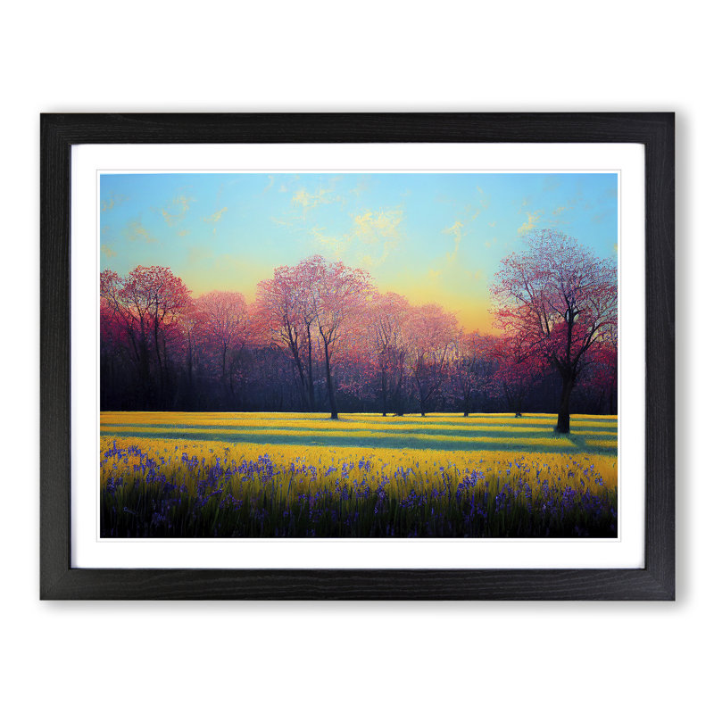 Fanciful Bluebell Field Sunrise - Single Picture Frame Print, 46cm H x 64cm W x 2cm D, Black Framed