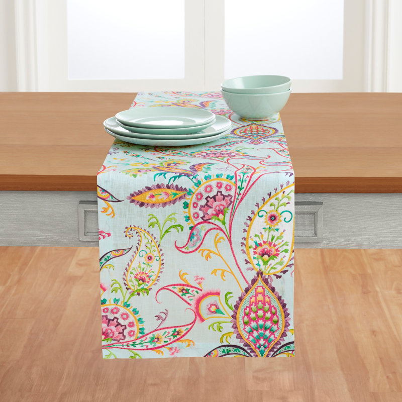 Royal Paisley - 100% Linen Printed Table Runner, Royal Paisley - Aqua, 108" x 14"