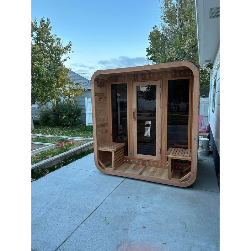Smartmak® 6-8 Person Outdoor Wood Steam Sauna Room with Porch Design, Traditional Canadian Red Cedar Wooden Saunas Spa, ETL-Certified Heater, Rocks, Light, Headrest, Backrest, 195℉
