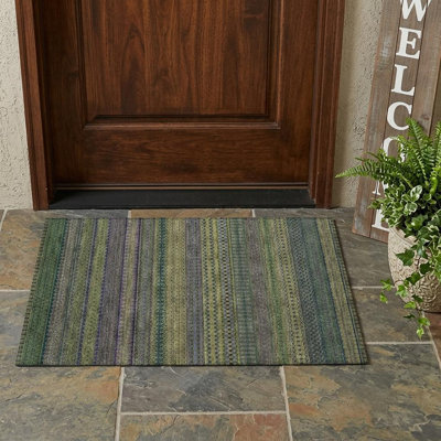 Tapis extérieur lavable antidérapant à rayures vert olive 2 pi x 3 pi