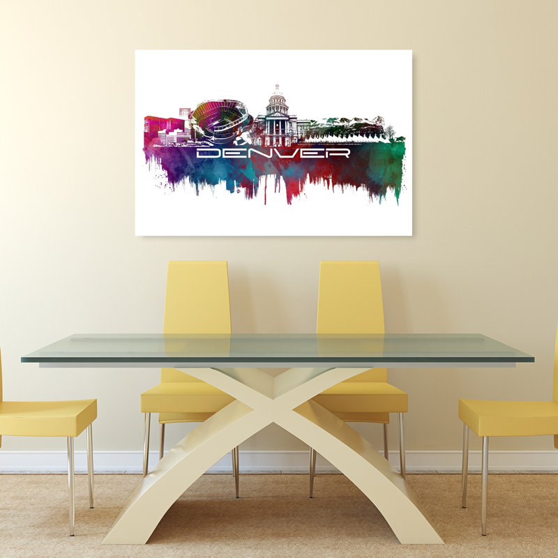 «Denver Skyline Watercolor Abstract Colorful Vibrant Architecture City», art mural, 32" H x 48" W