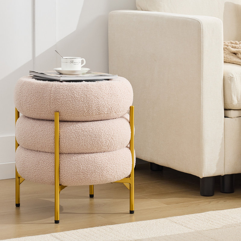 Round Storage Ottoman Multiuse Vanity Stool With Metal Legs, Pink Polyester