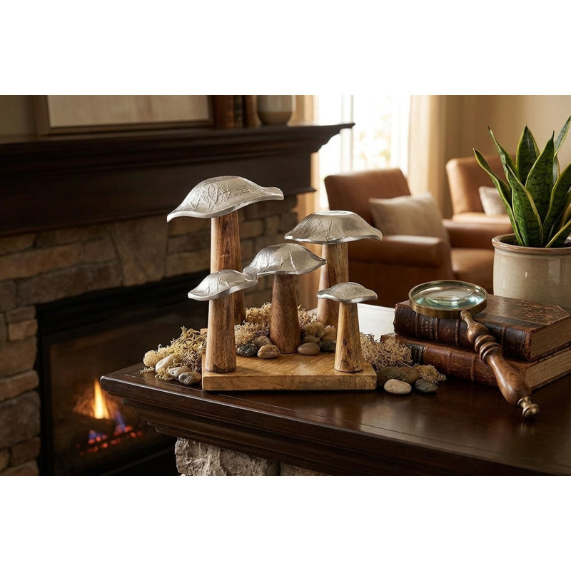 Sculpture en aluminium champignon sur bois Vicksburg, Argent