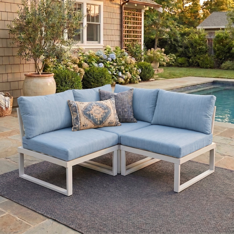 Anusri 3-Person Modular Aluminum Patio Sectional, Blue Cushion/White Frame
