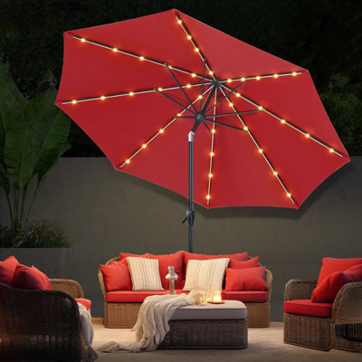 Parasol de marché à énergie solaire 9 pi avec 40 lumières DEL tubulaires, inclinaison à bouton-poussoir et 8 baleines, auvent résistant à la décoloration et cadre en aluminium
