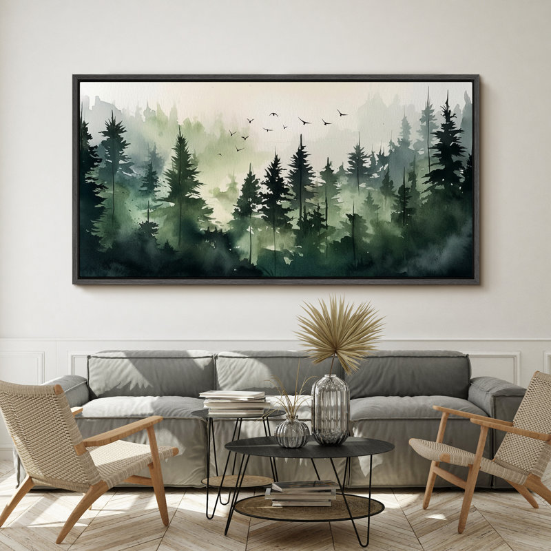 Forêt boisée, forêt brumeuse, aquarelle, pins tranquilles avec oiseaux, H 30 po x l 60 po, Noir, noir, noir, noir