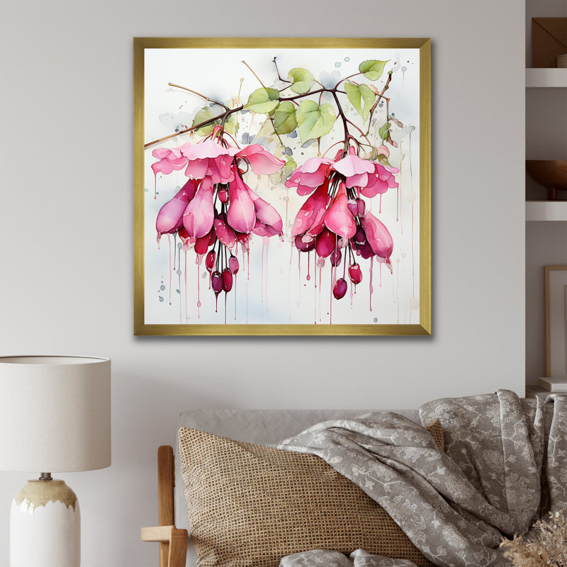 Rose rose fuchsia fleurs de gouttes d'oreille - Fuschia, H 16 po x l 16 po x P 1 po, Cadre doré simple