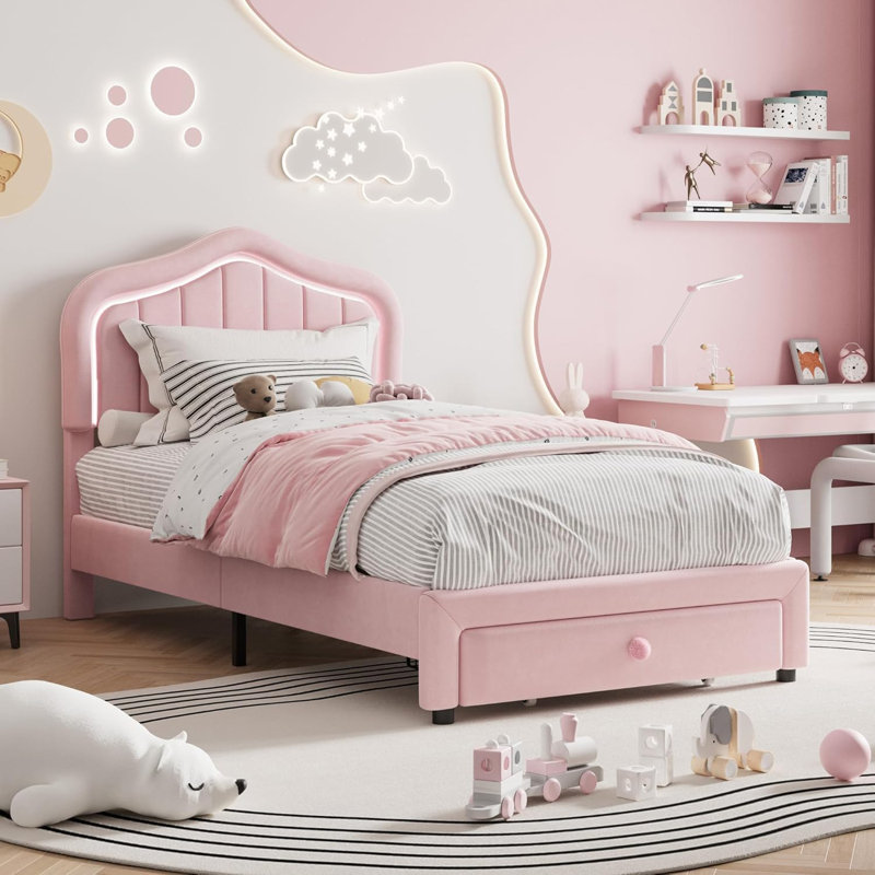 Upholstered Platform Bed Frame with LED Lights & Storage Drawer, Twin, Pink