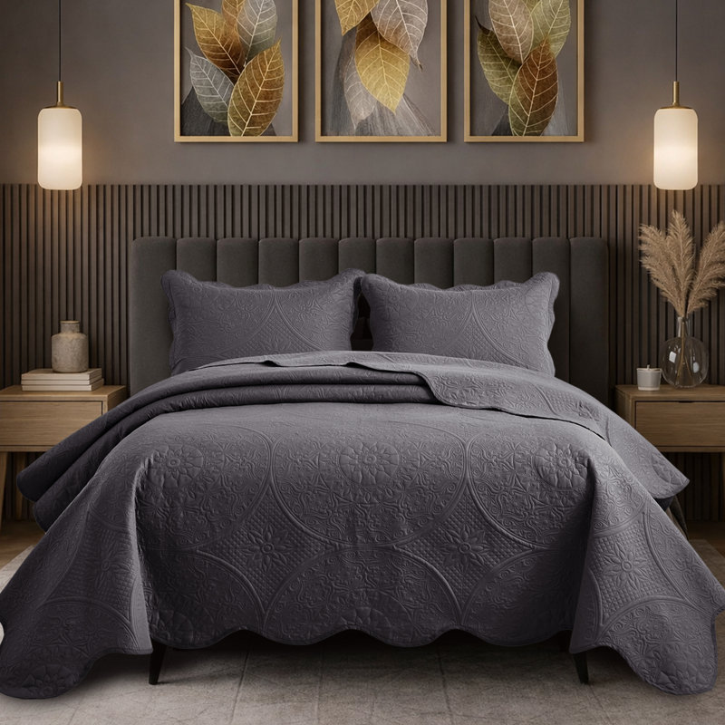 Floral Embossed Quilt Set, King Bedspread + 2 Standard Shams, Gray