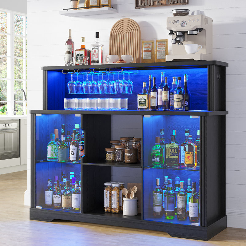 Wine Cabinet with RGB Lighting, Charging Station, 4 Removable Wine Racks (Exclude Refrigerator), Black