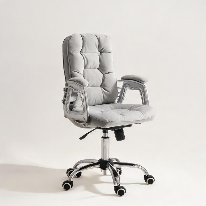Fauteuil de bureau en velours gris pâle avec capitonnage à boutons cristal et siège pivotant réglable pour espace de travail à domicile