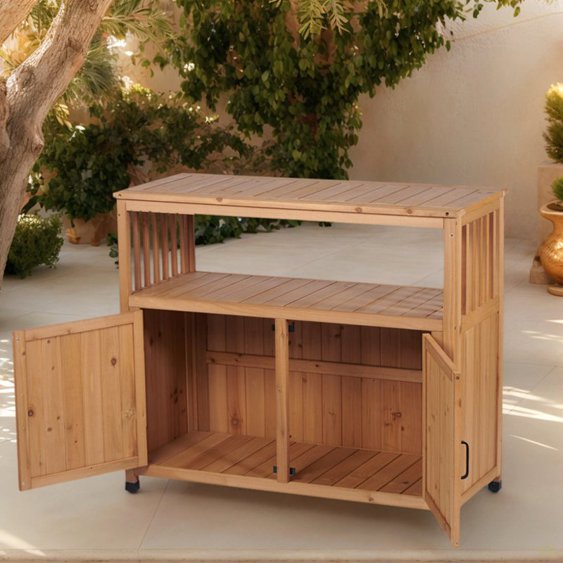 Wooden Patio Bar Table Set With Storage, Buffet Cabinet Sideboard For Outdoor And Indoor, Light Brown