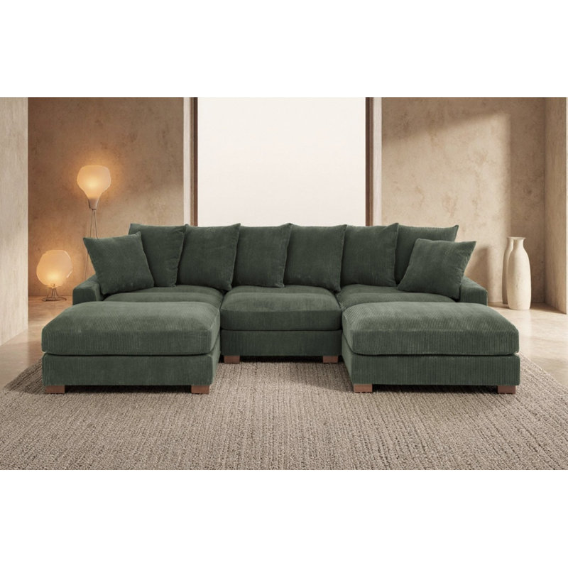 Arzuaga 89" Wide Reversible Modular Corner Sectional with Ottoman, 34"H x 122.5"W x 67.5"D, Green Corduroy