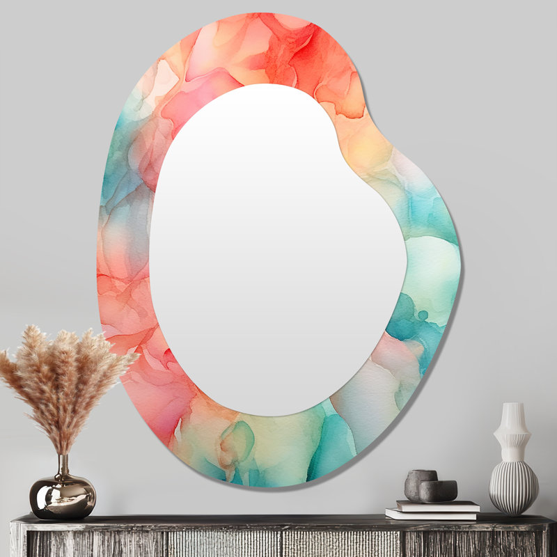 Orange et bleu sarcelle, éclaboussures enchantées - décor de miroir mural asymétrique abstrait, grand miroir de forme libre orange, impression d'art en métal