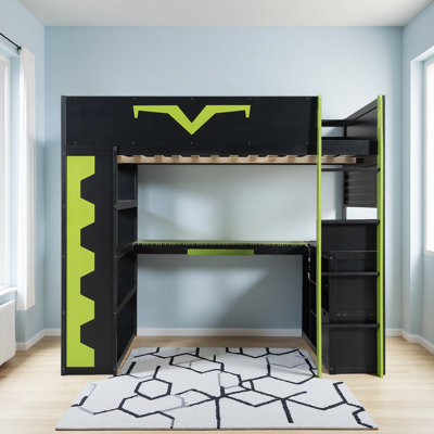 Full Size Gaming Loft Bed With Integrated Desk & RGB LED Lights, Pro-Gamer Bed With Power Outlet, Large Bookshelf, Pegboard, Keyboard Tray & Storage Drawer, 3 Colors Available