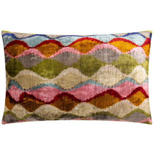 Luxury Handmade Silk Velvet Throw Pillow - 16X24 In, Multicolored Geometric Design With Down Feather Insert