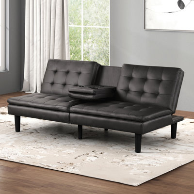 Contemporary Gray Futon , Convertible To Bed, Biscuit Tufting On Seat And Back Cushions, Drop - Down Table A  C Charging Bed With Backrests, Dual Cha