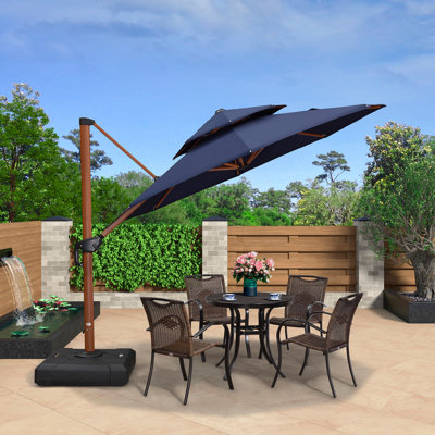 Epperly 10 FT Round Wood Pattern Cantilever Umbrella With Base, Navy Blue