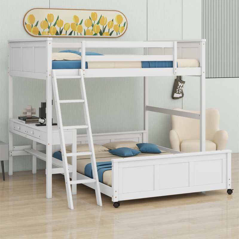 Lit superposé avec bureau, Lit superposé double sur double, Blanc