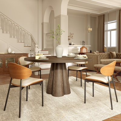 3/5/7 Pcs Mid-century Luxury Round Solid Wood Dining Table Sets With Sturdy Iron Framed Kitchen Chairs For Seat 2-6