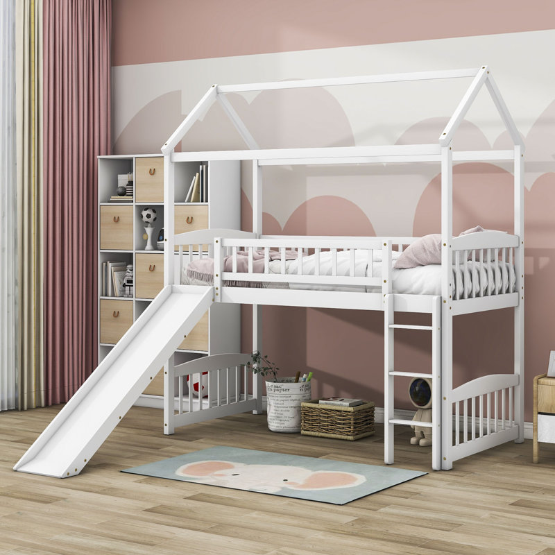 Lit mezzanine simple avec glissade Ortiz Kids, Blanc