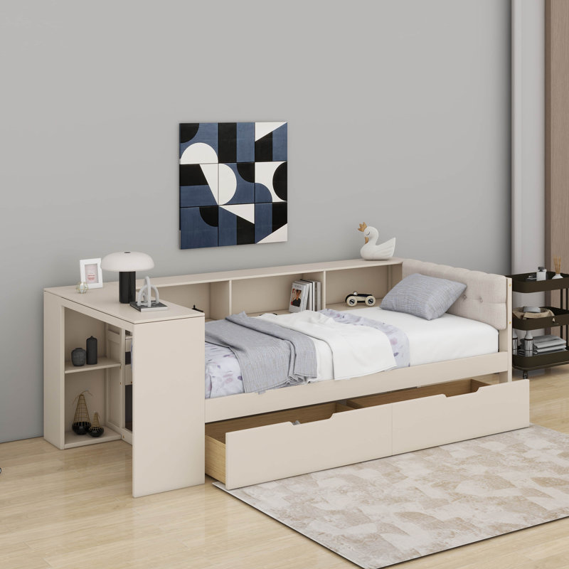 Lit plateforme avec tiroirs, tablettes de rangement, station de charge et tête de lit tapissier, Lit double