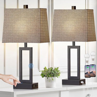 Ensemble de lampes de table à contrôle tactile avec ports USB A + C, prise de courant CA et ampoules à DEL à intensité variable à 3 voies pour la chambre à coucher