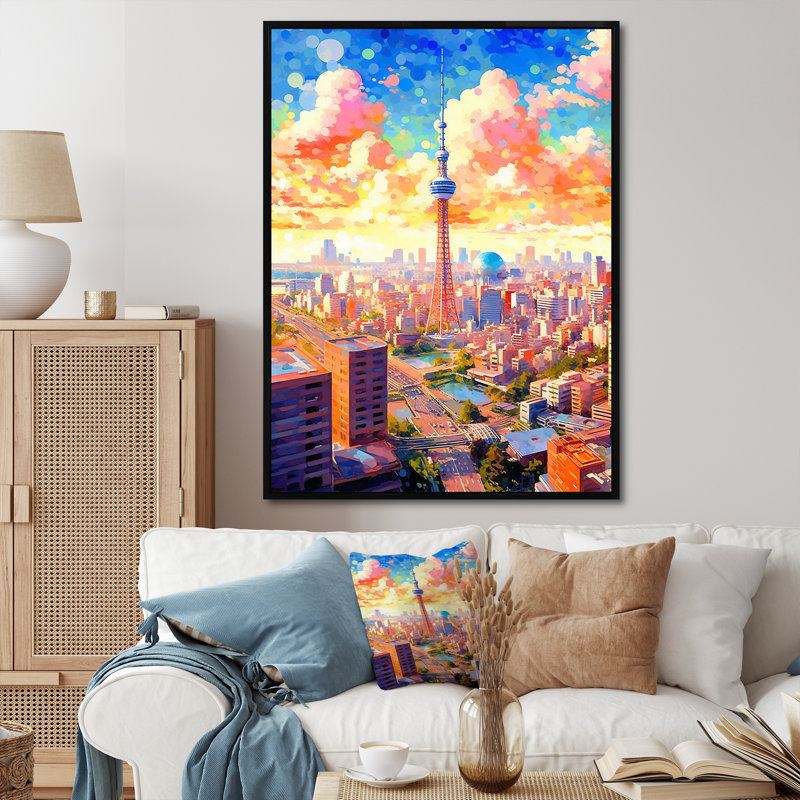 Popart Misty City Cityscape sur toile, H 32 po x l 16 po x P 1 po, Cadre flottant noir