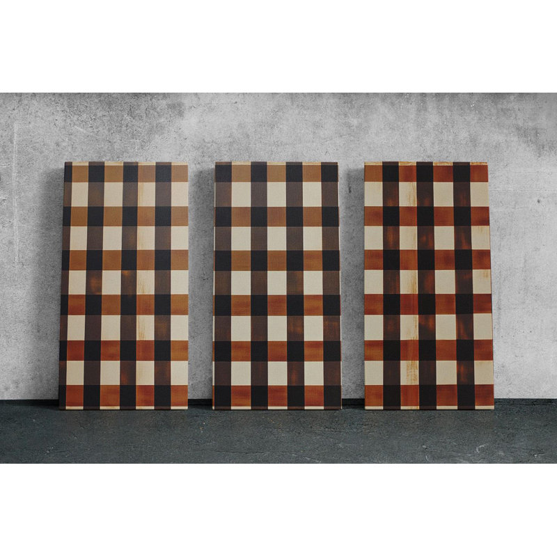 «Triptych», art mural sur toile triptyque rustique à carreaux brun, H 24 po x l 48 po