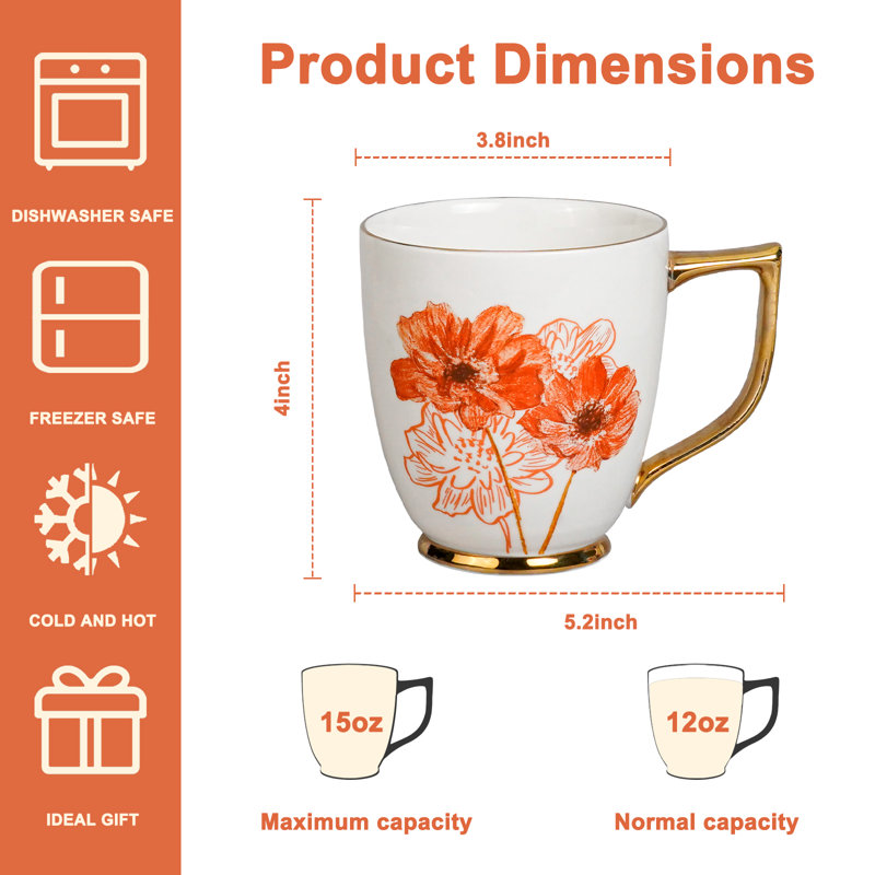 Céramique tasse à marguerite - tasse à café 15 oz pour café au lait Moka, tasse à fleurs en porcelaine pour la maison et le bureau, cadeaux de Noël de l'Action de grâce