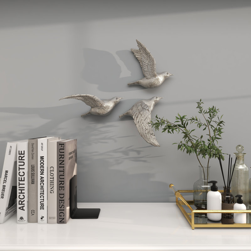 Polystone Metallic 3D Floating Bird Home Wall Decor Set of 3, Silver, 10" H X 10" W X 3" D