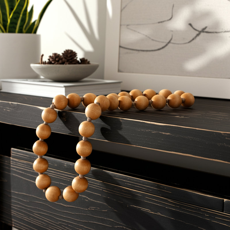 Handcrafted Mango Wood & Jute Decorative Beads with Woven Accents, 1" H x 26" W x 1" D, Brown