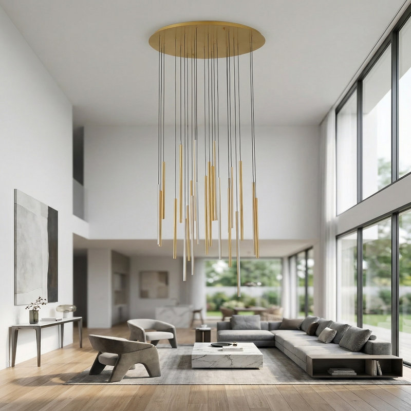 Lustre en cascade 24 lumières, lustre haut de 12 pi pour plafond haut, 24 lumières