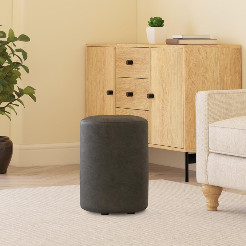 Manufactured Wood Accent Stool, Italian Leather, Graphite Grey