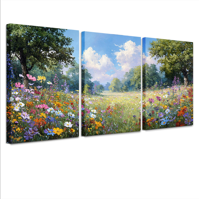 Floral Meadow, peinture à l'huile sur toile, impression de paysage (ensemble de 3), H 36 po x l 72 po