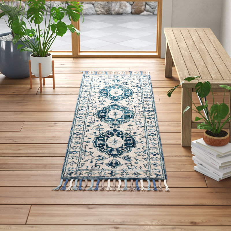 Tapis ivoire / bleu en laine / coton touffeté à la main Arkadijus, Tapis de couloir 2 pi 3 po x 8 pi