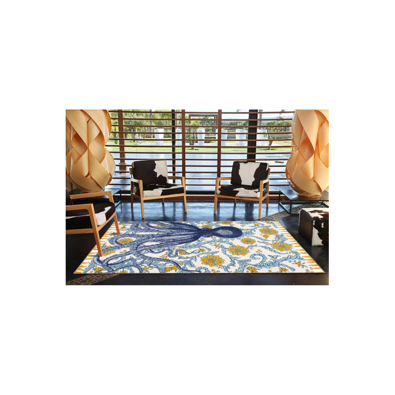 Tapis d'intérieur / extérieur bleu Octopus, Rectangulaire 8 pi x 10 pi