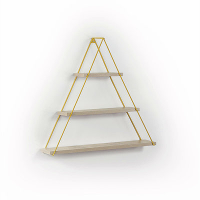 Moset Floating Wall Decor Wall Mounted Rustic Decorative Hanging Metal Bracket Triangle Shelf for Books, Oak/Yellow