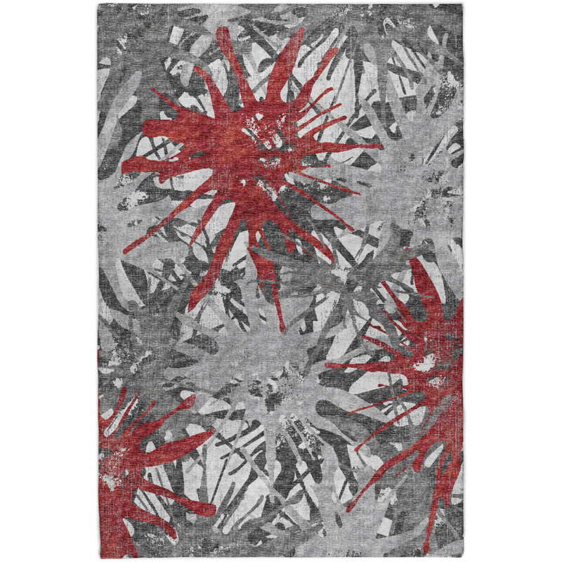 Premium Machine Washable Dream Shag ADS77 Tropical Rug, Red, 9' x 12'