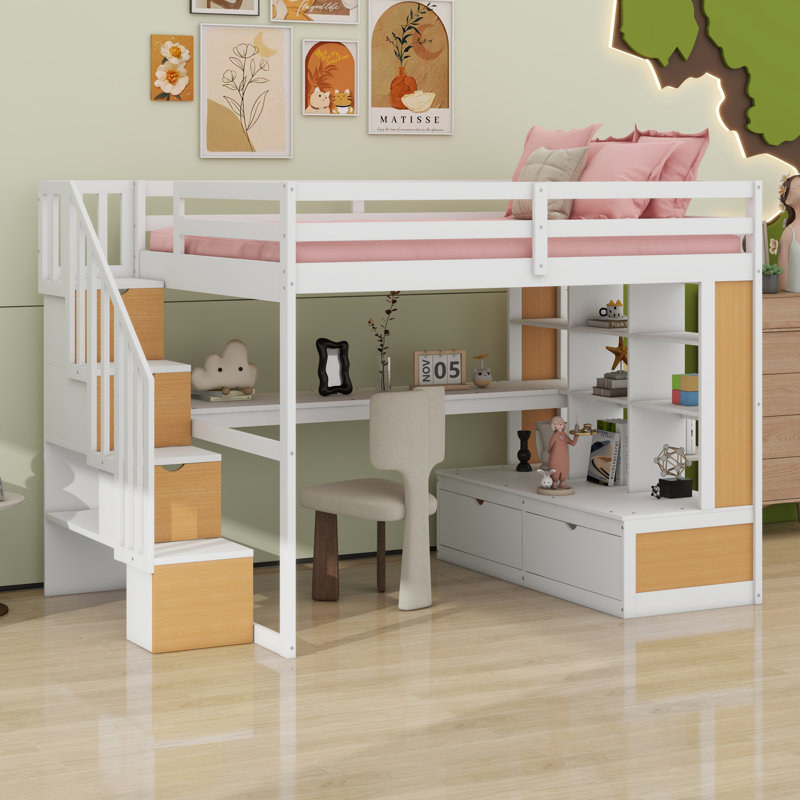 Lit mezzanine avec bureau et tablettes, tiroirs, escalier de rangement, Naturel / Blanc