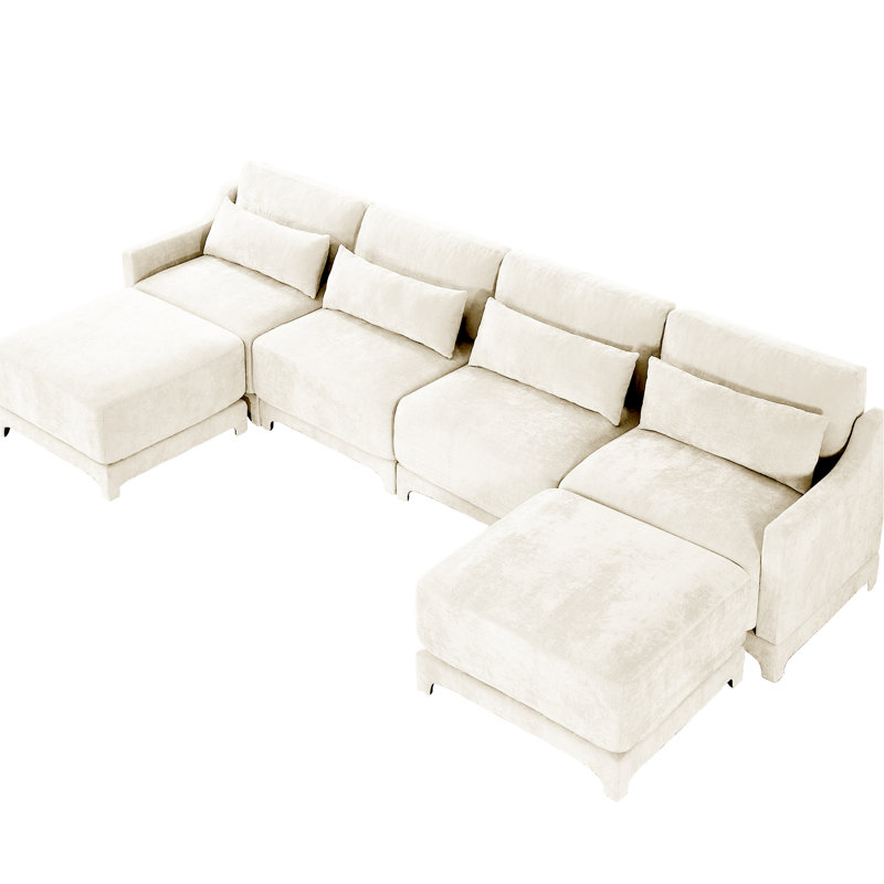 Beige à quatre places revêtu de chenille, avec coussin lombaire mobile, structure en bois, ergonomique, éponge et configuration flexible avec revêtement en chenille, forme, rembourrage résilient,