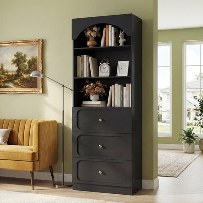‌23.6" Arched Wooden Bookcase - 3 Drawers & 3-Tier Shelves, White Pantry Storage For Living Room/Kitchen/Bathroom‌