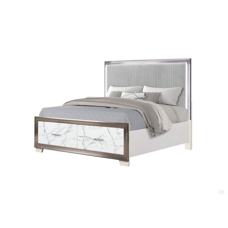 Très grand lit - Tête de lit tapissier à DEL avec rangement et garniture de pied de lit à motif de marbre pour une chambre à coucher chic et moderne