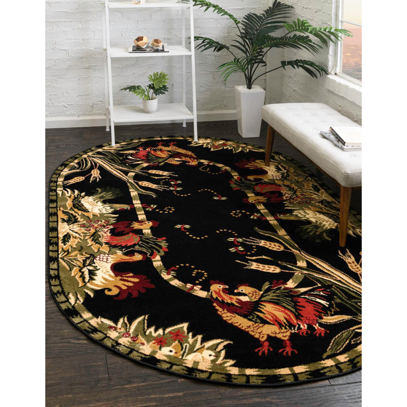 Andersonville Floral Indoor Rug, Oval 3'3" x 5'3", Black/Green